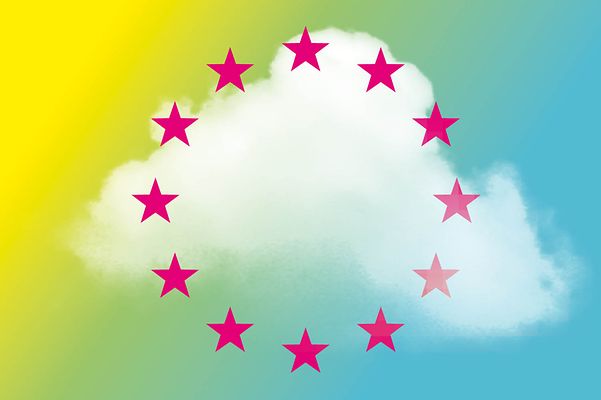 European flag adapted: magenta stars on a yellow-green-blue background and a cloud