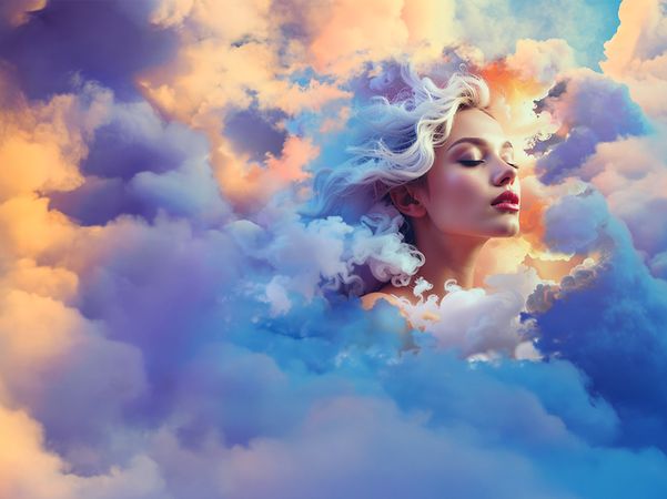 A woman's face embedded in a cloud motif as a symbol for cloud computing.