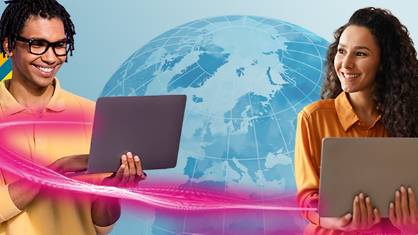Woman and man at laptop in front of globe with magenta swirl