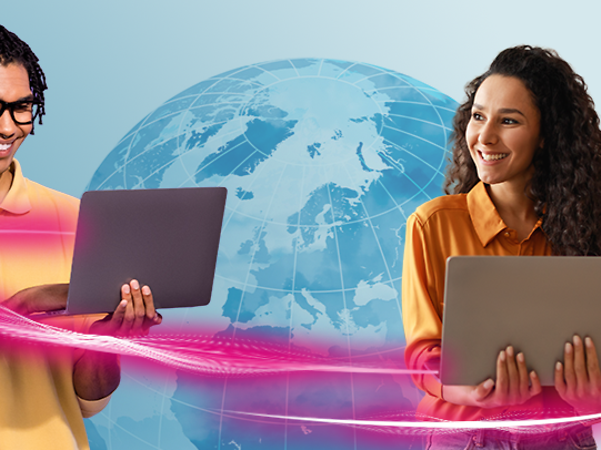 Woman and man at laptop in front of globe with magenta swirl