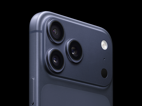 The iPhone 17 Pro on a black background in deep blue.