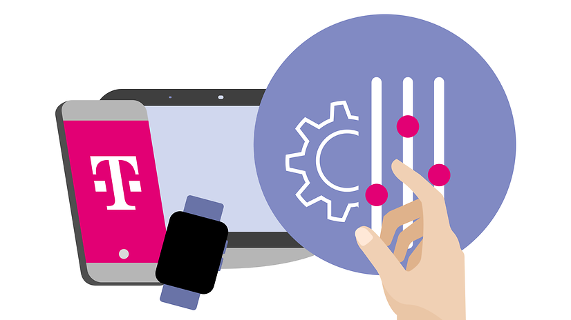 Mobile phone, tablet, cable and a hand pointing to a settings icon.
