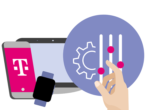 Mobile phone, tablet, cable and a hand pointing to a settings icon.
