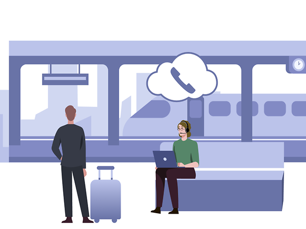 Three people are at a train station. One person is working on a laptop with a cloud icon.