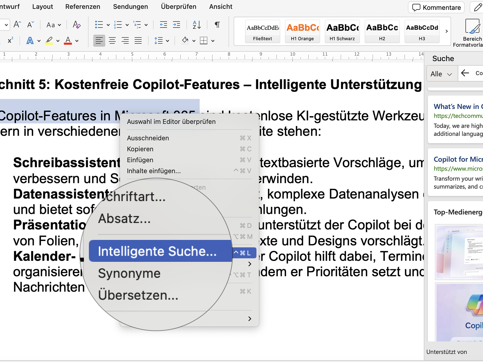 Retrieve information directly in Word using "smart search"