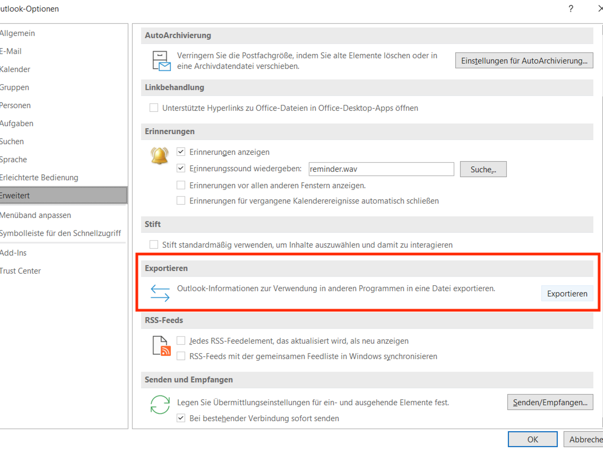 Export Outlook options