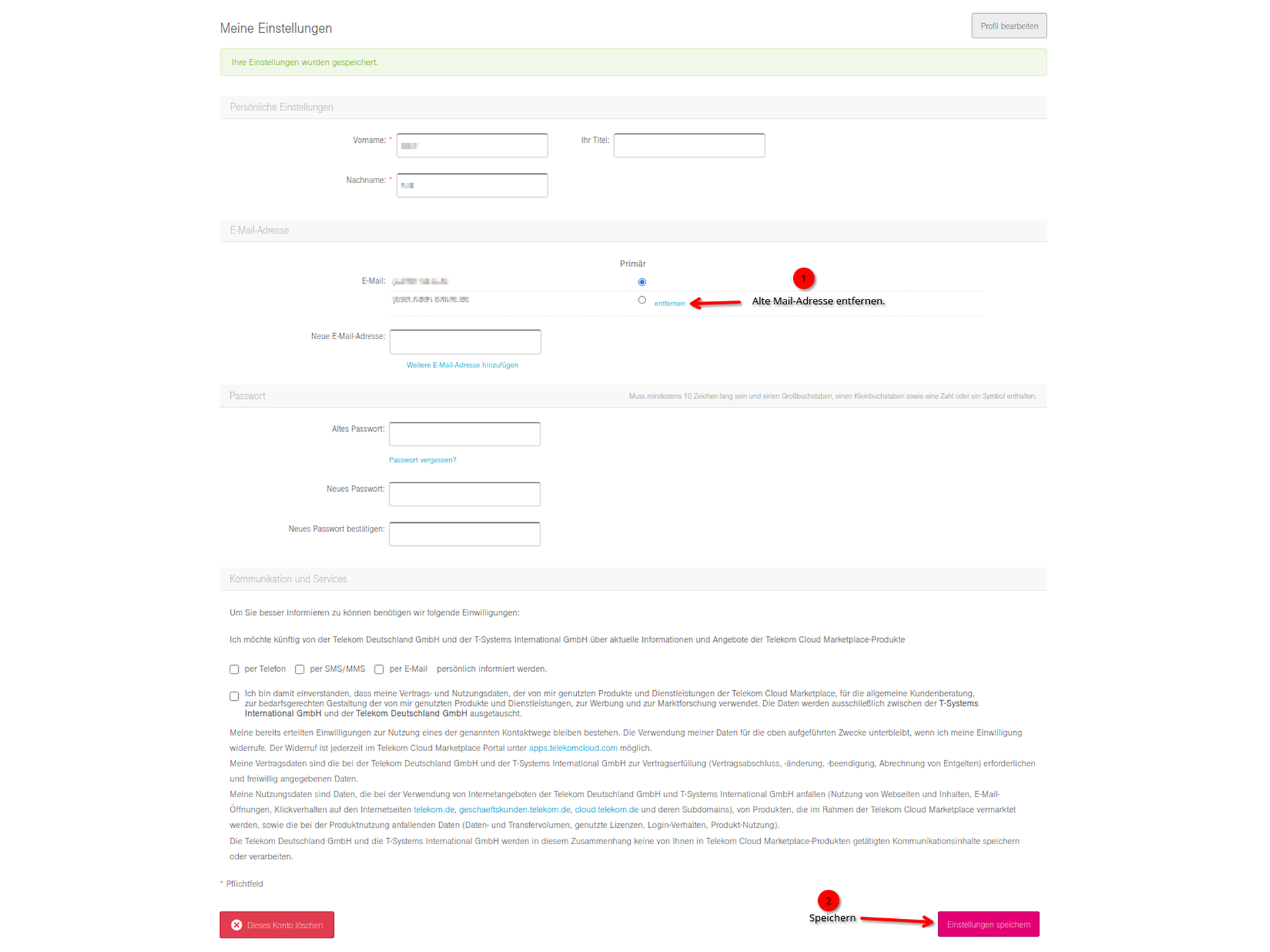 Delete Telekom Cloud Marketplace email address