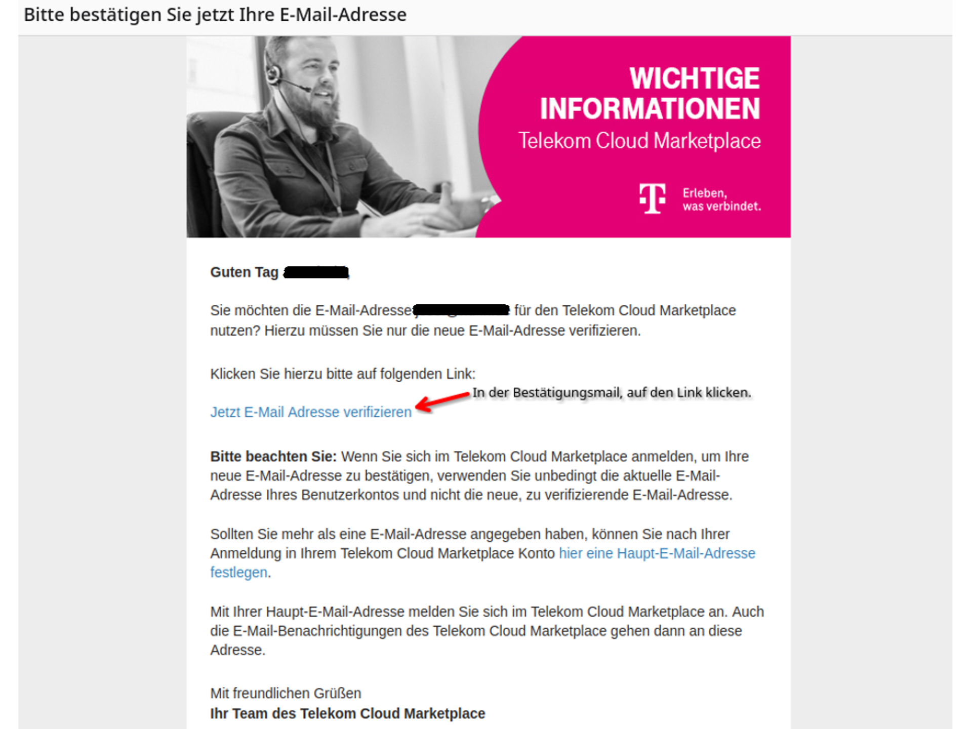 Telekom Cloud Marketplace email confirmation