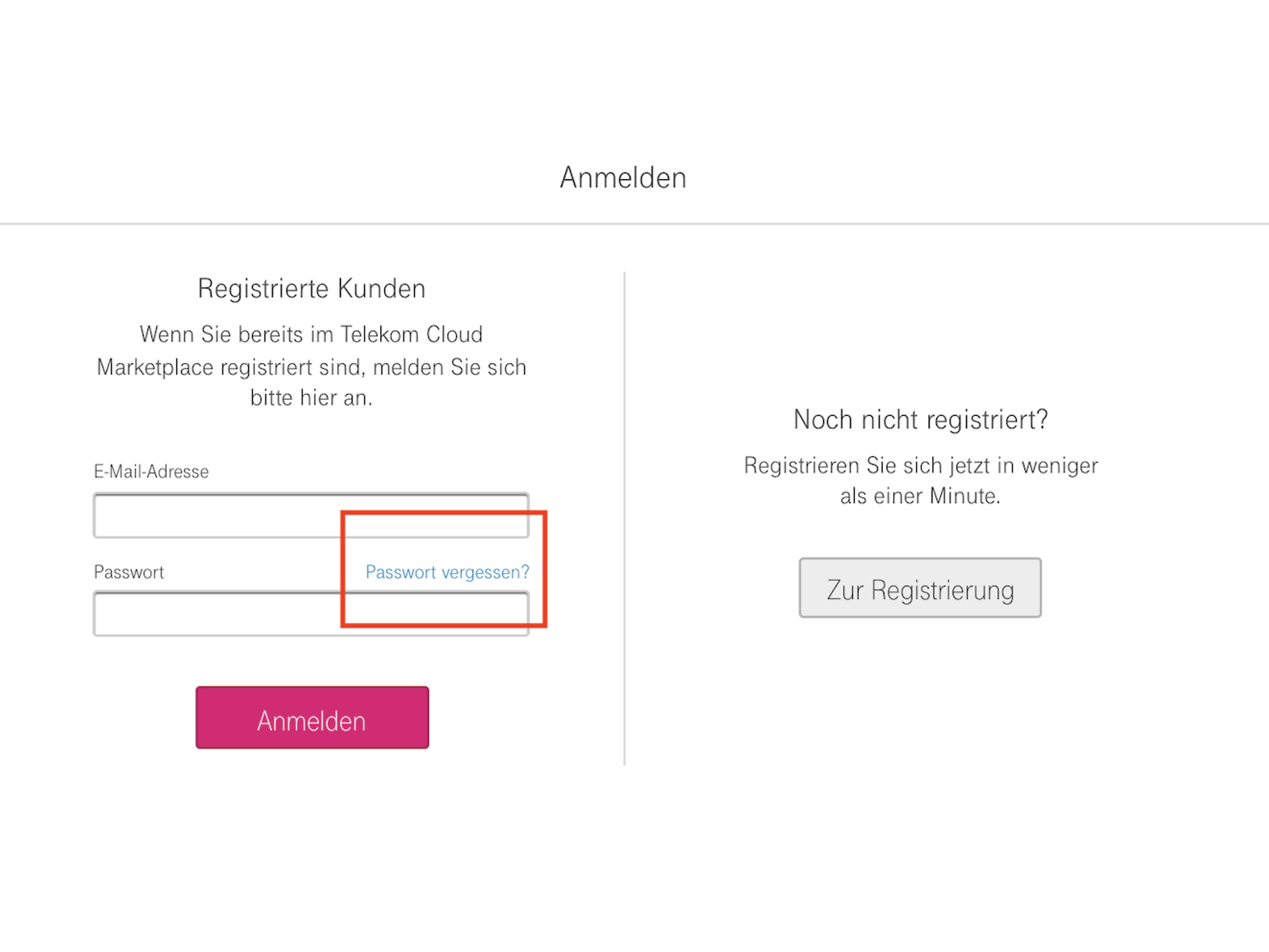 Telekom Cloud Marketplace - Forgotten password
