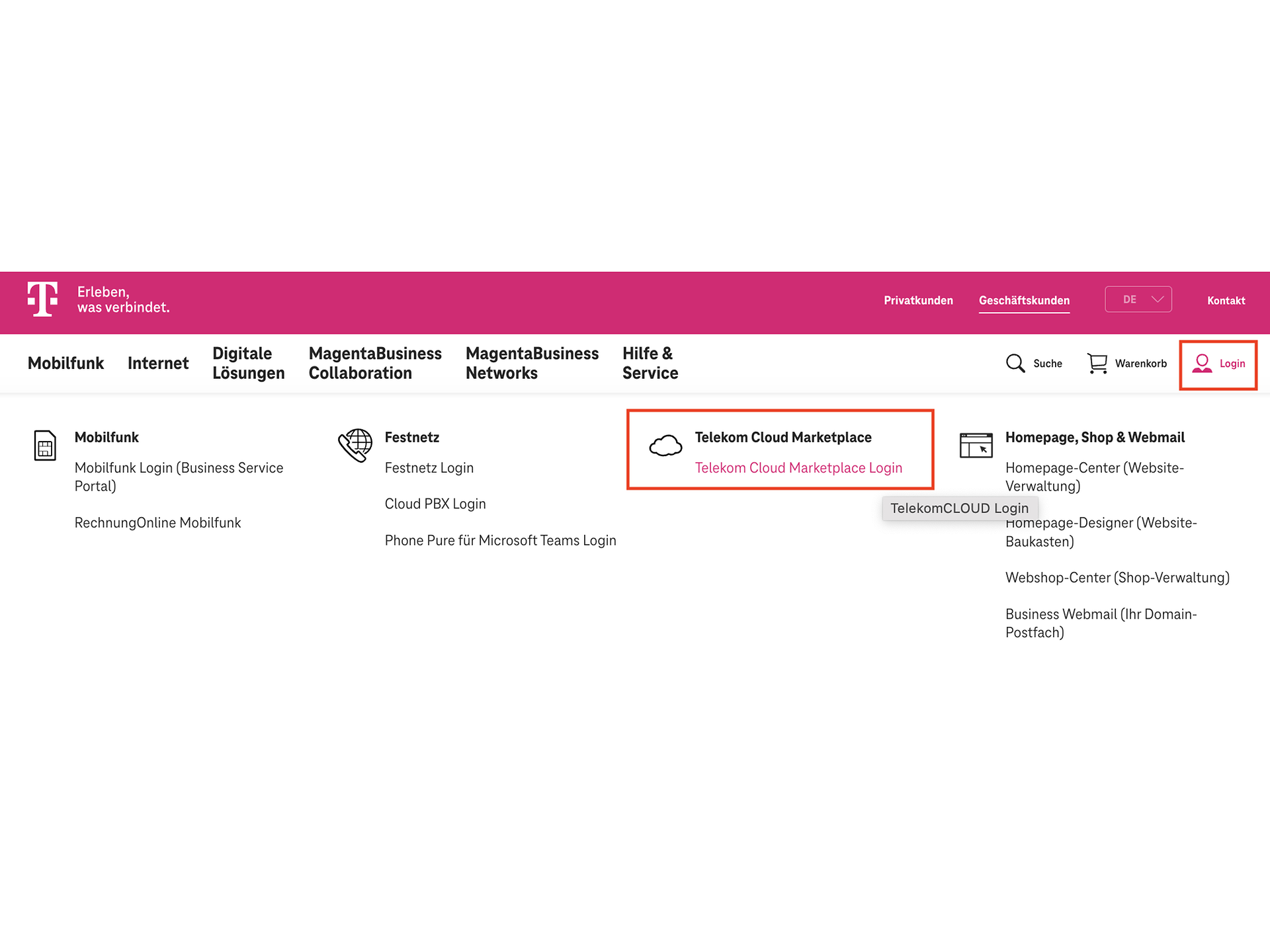 Telekom Cloud Marketplace login