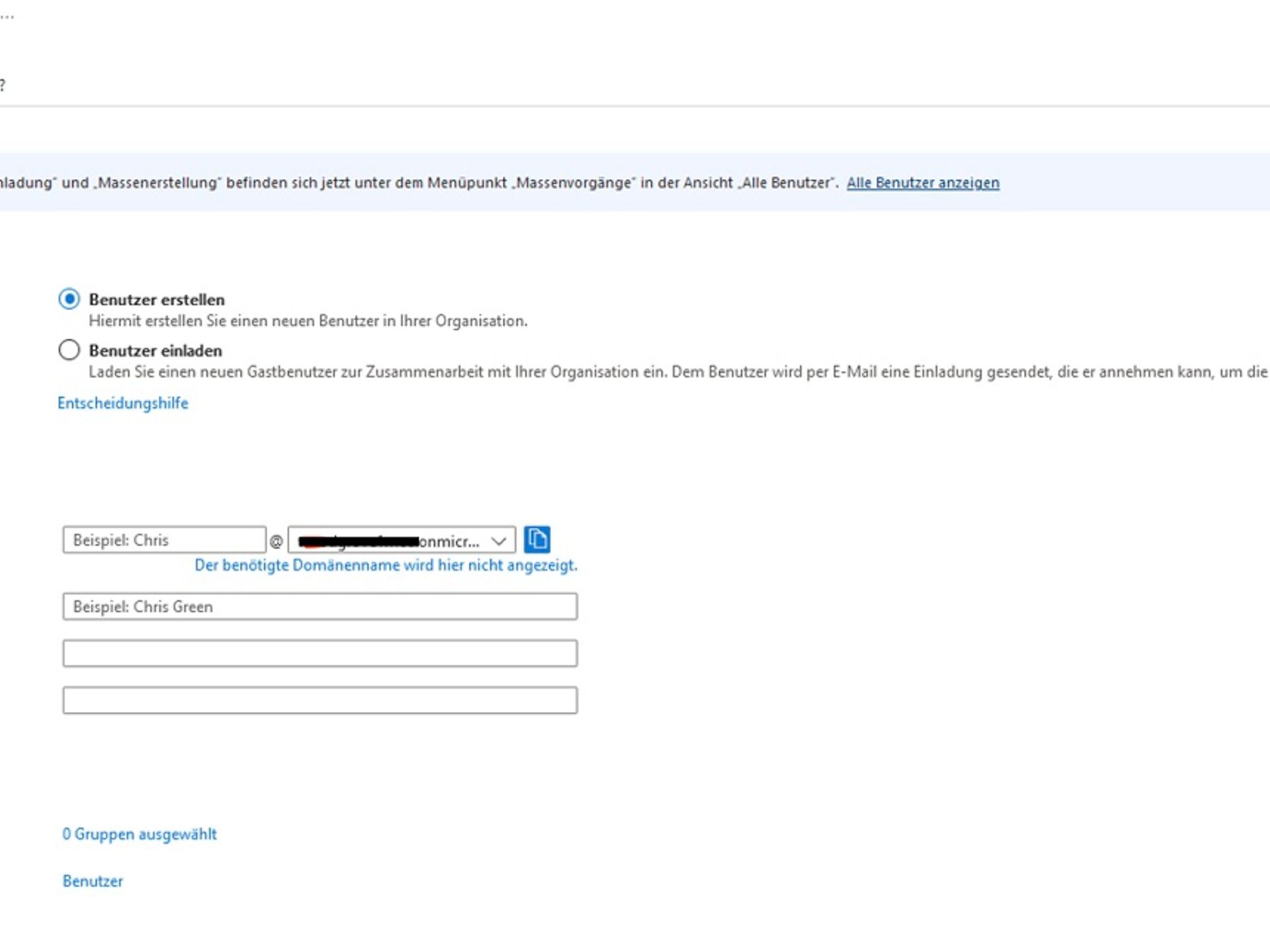 View of the screen for creating a new user in Azure