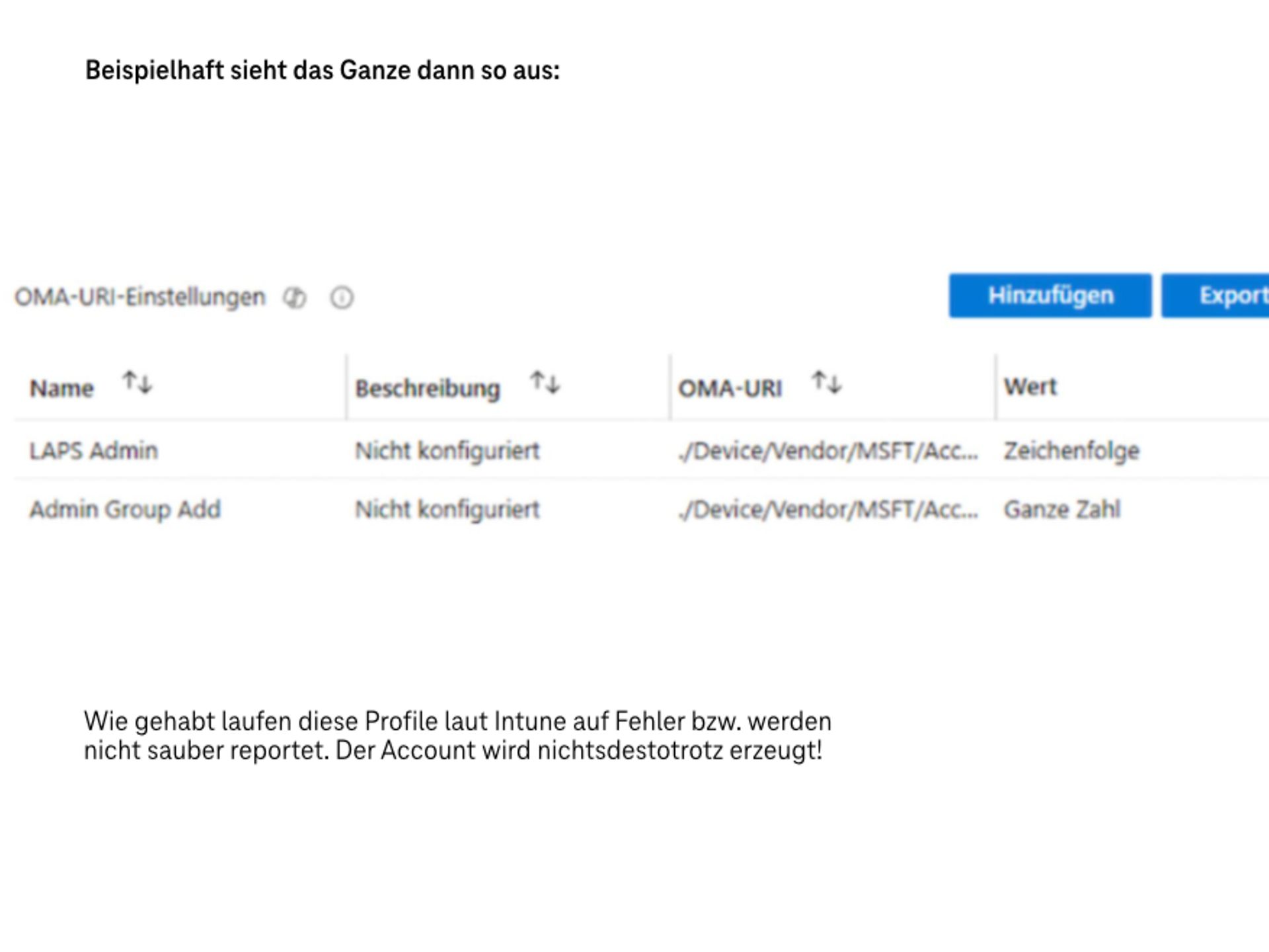 Screenshot der OMA-URI-Einstellungen in Microsoft Intune