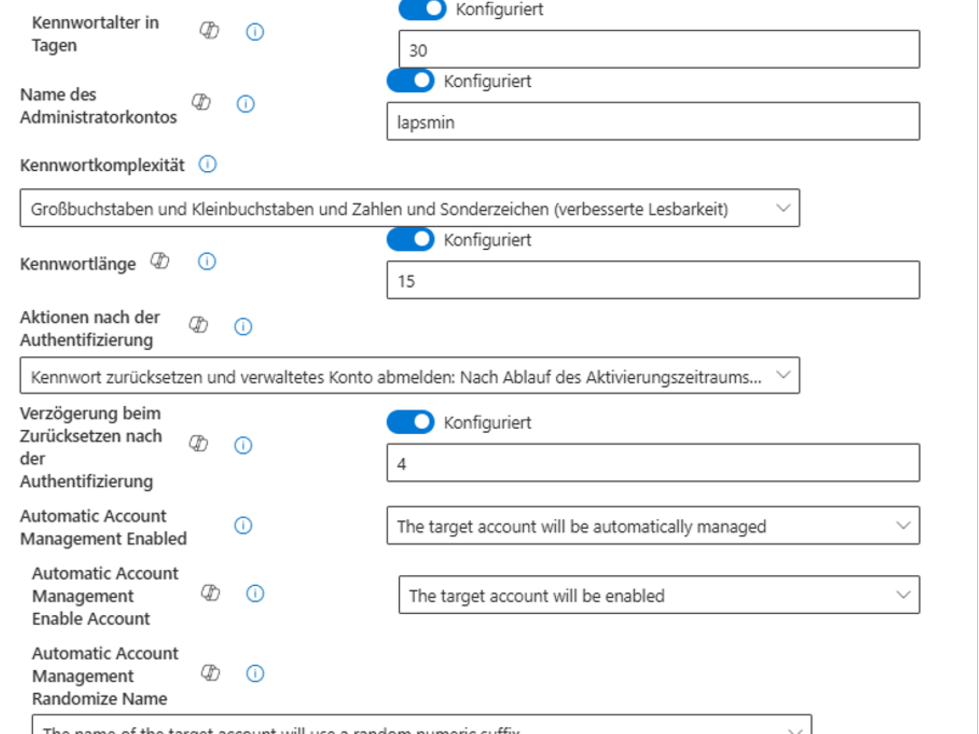 Screenshot der generellen LAPS-Konfiguration in Microsoft Intune unter "Endpunktsicherheit / Kontoschutz."