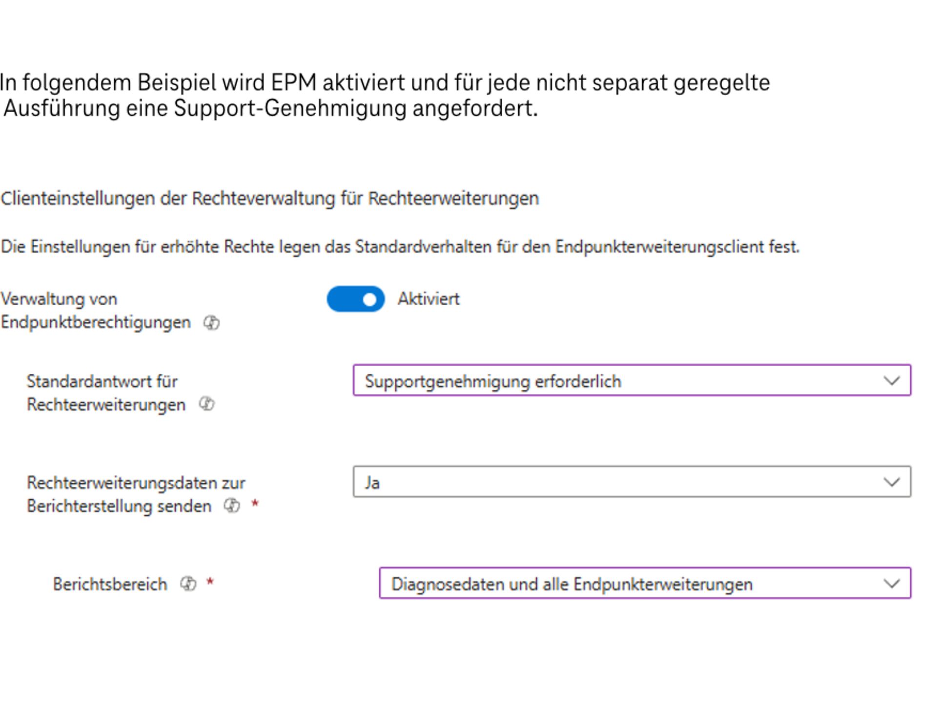 Screenshot der EPM-Konfigurationsmöglichkeiten in Microsoft Intune unter Endpunktsicherheit - Endpunktberechtigungsverwaltung.