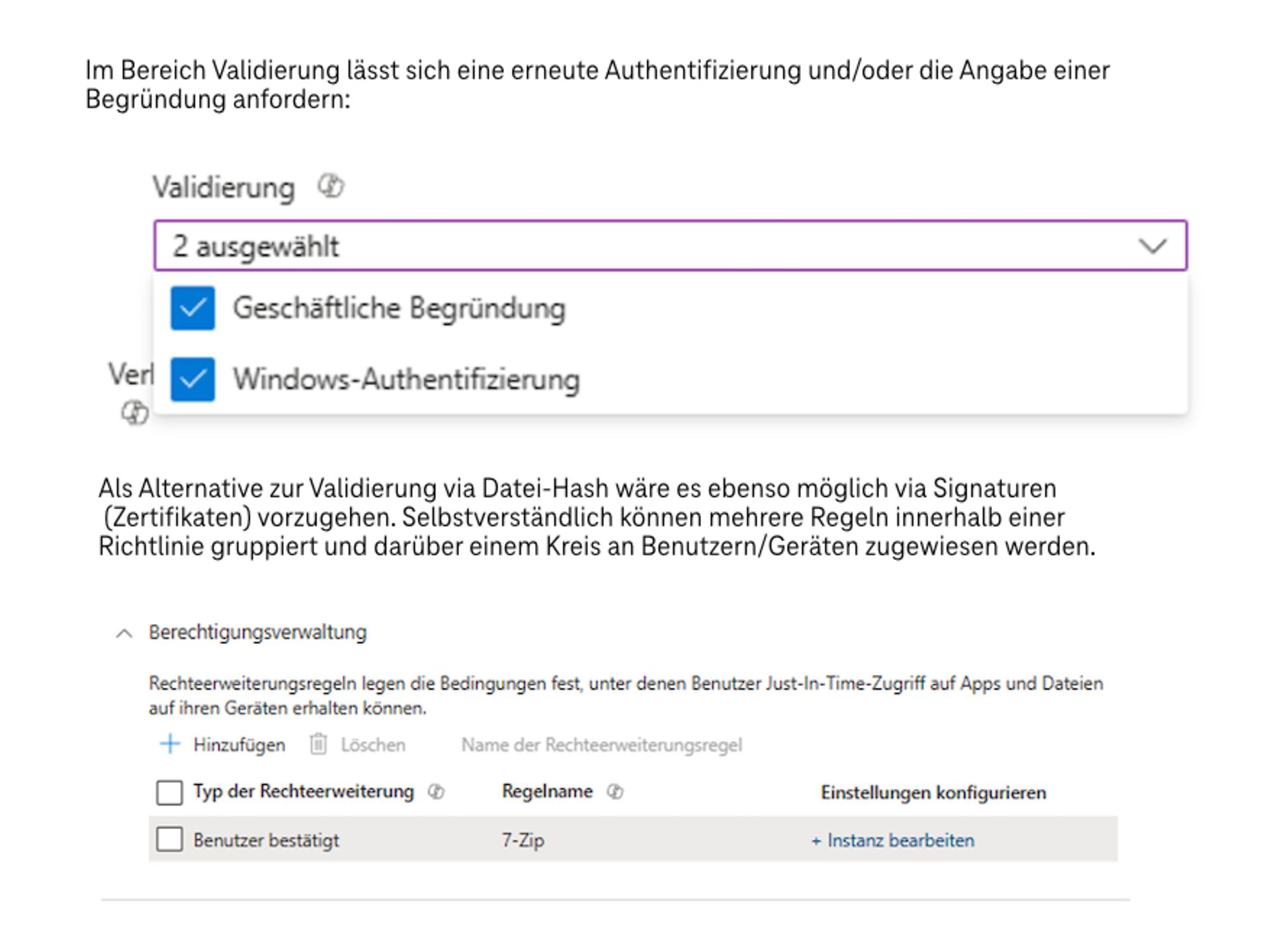 Screenshot der Settings in Microsoft Intune zur Angabe einer Begründung für Software-Installation.