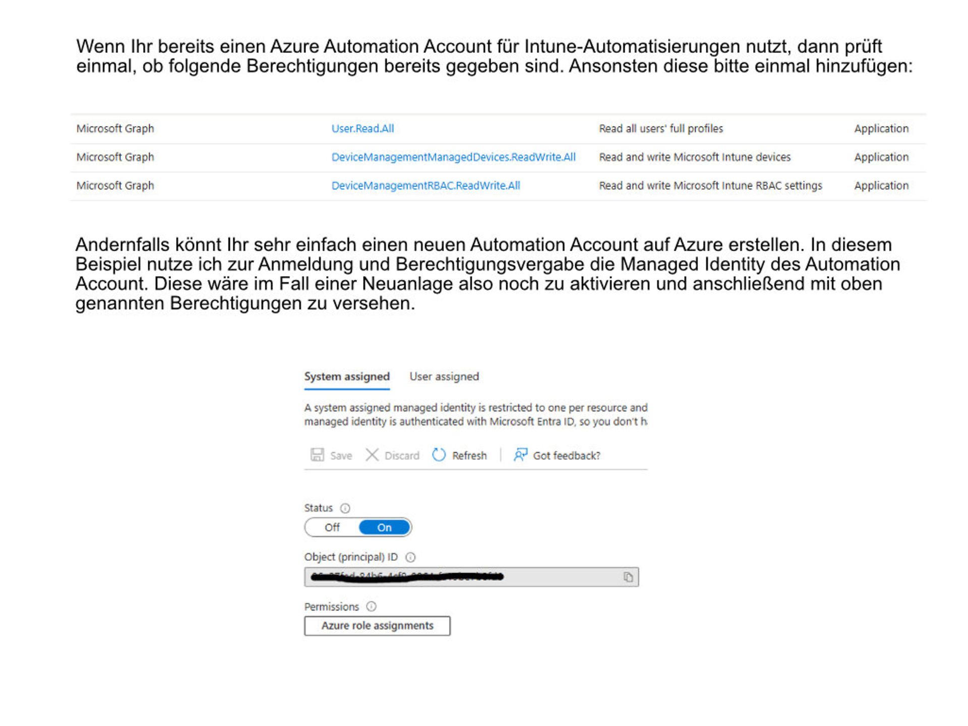 Screenshots aus dem Azure Automation Account