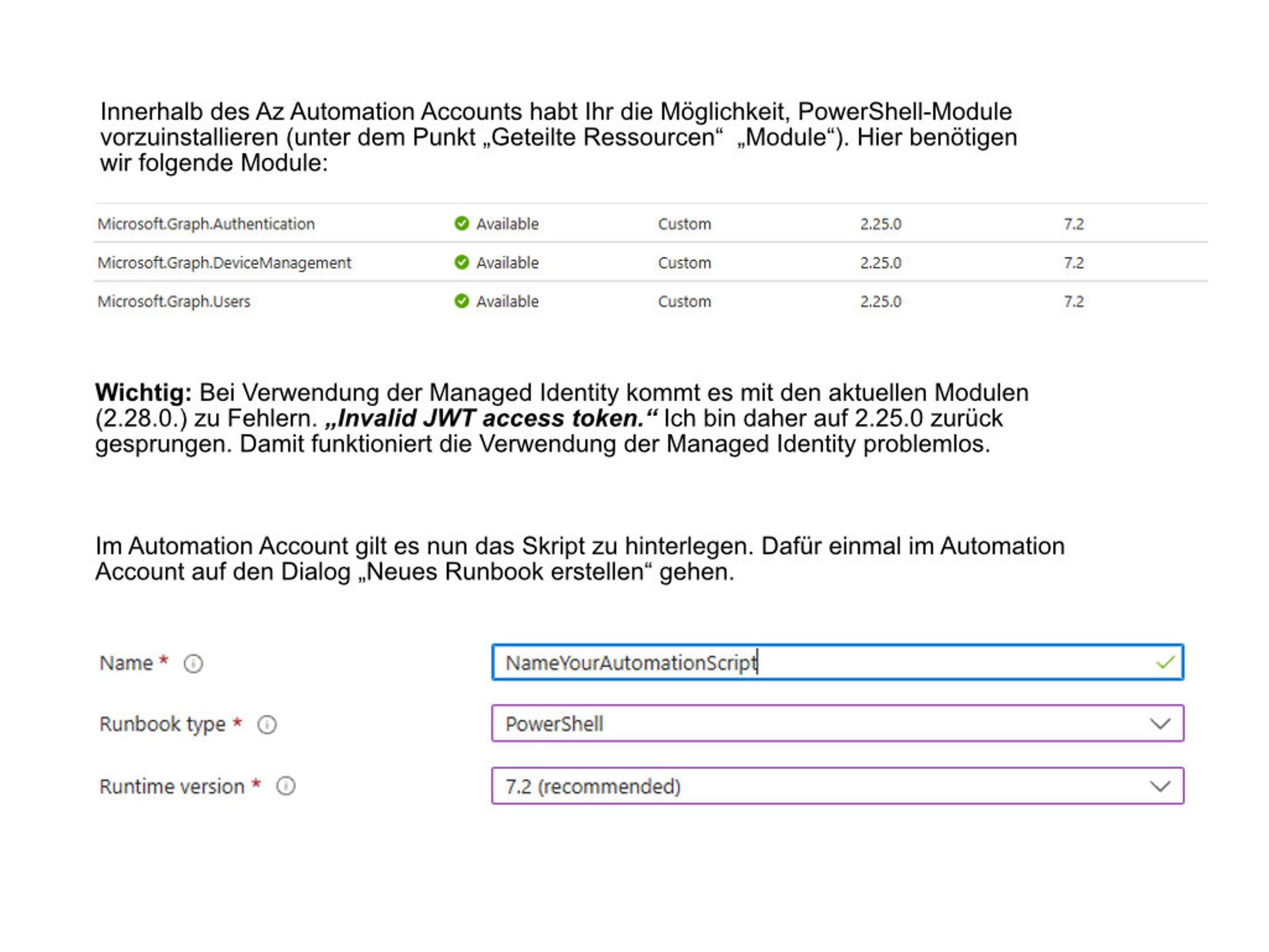 Screenshot aus dem Azure Automation Account zur Installation von Modulen
