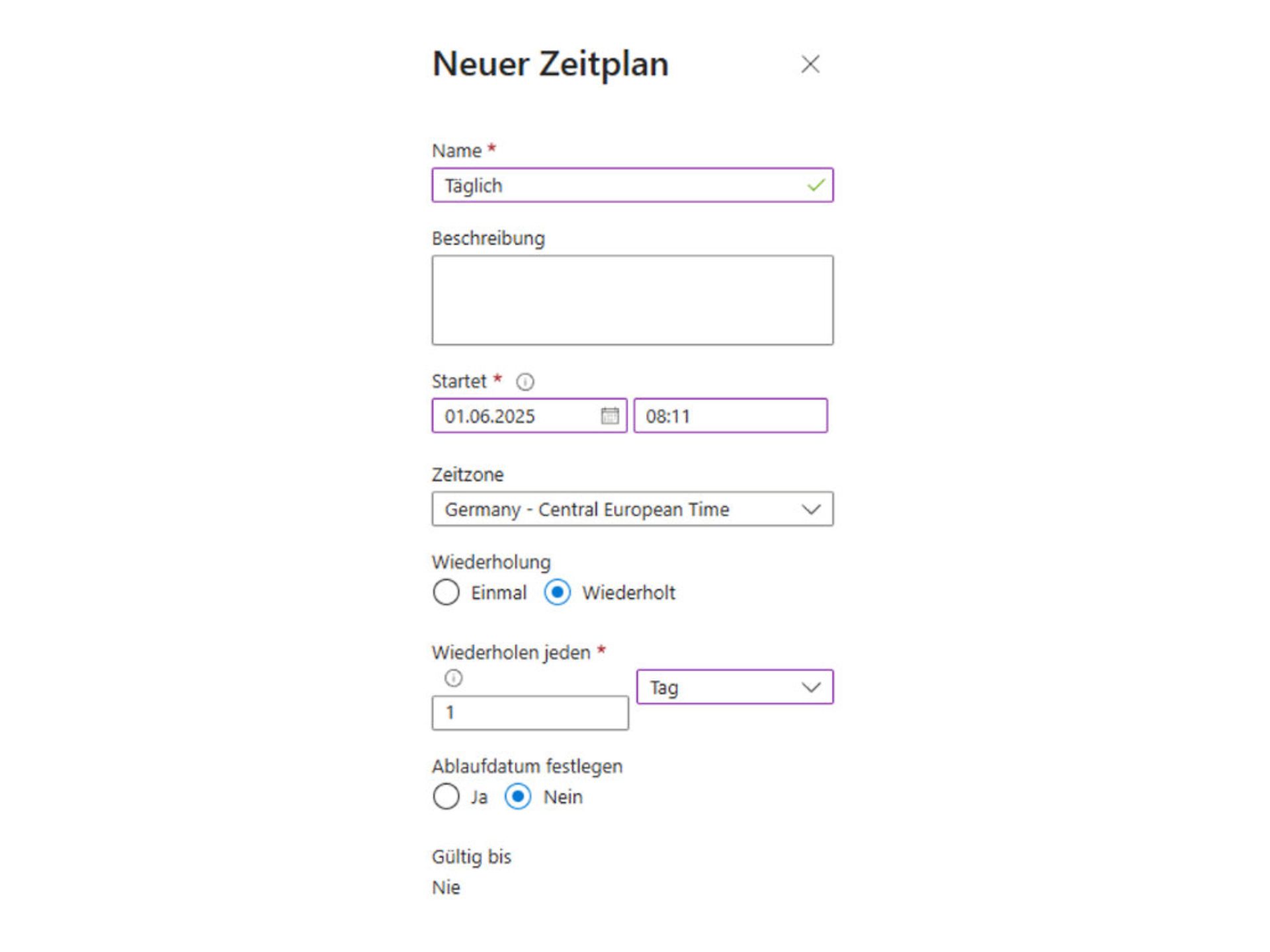 Screenshot des Menüs "Ressourcen / Zeitpläne" i Azure mit der Möglichkeit, Skripte regelmäßig auszuführen.