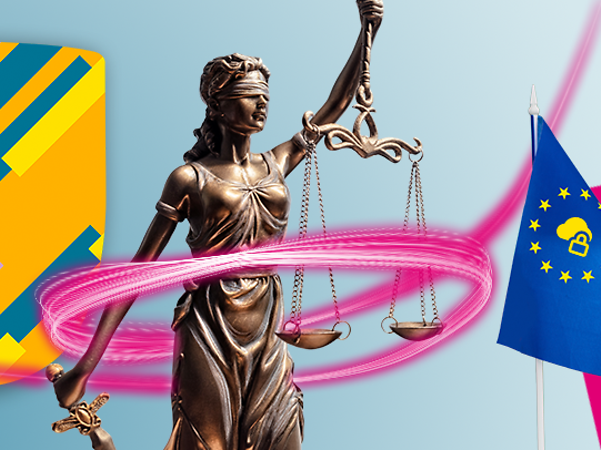 Brnzestatus Justitia mit Waage neben Security Shield und Europa Fahne