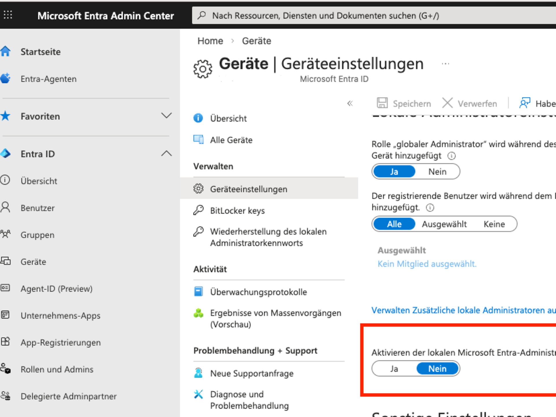 Screenshot of LAPS activation in device settings in the Microsoft Entra Admin Centre