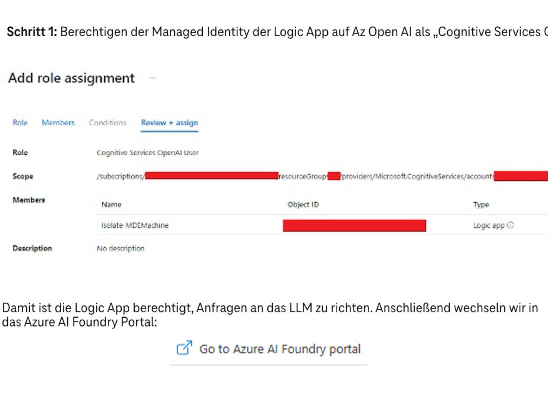 Screenshot "Authorising the managed identity of the Logic App on Az Open AI as 'Cognitive Services OpenAI User'"