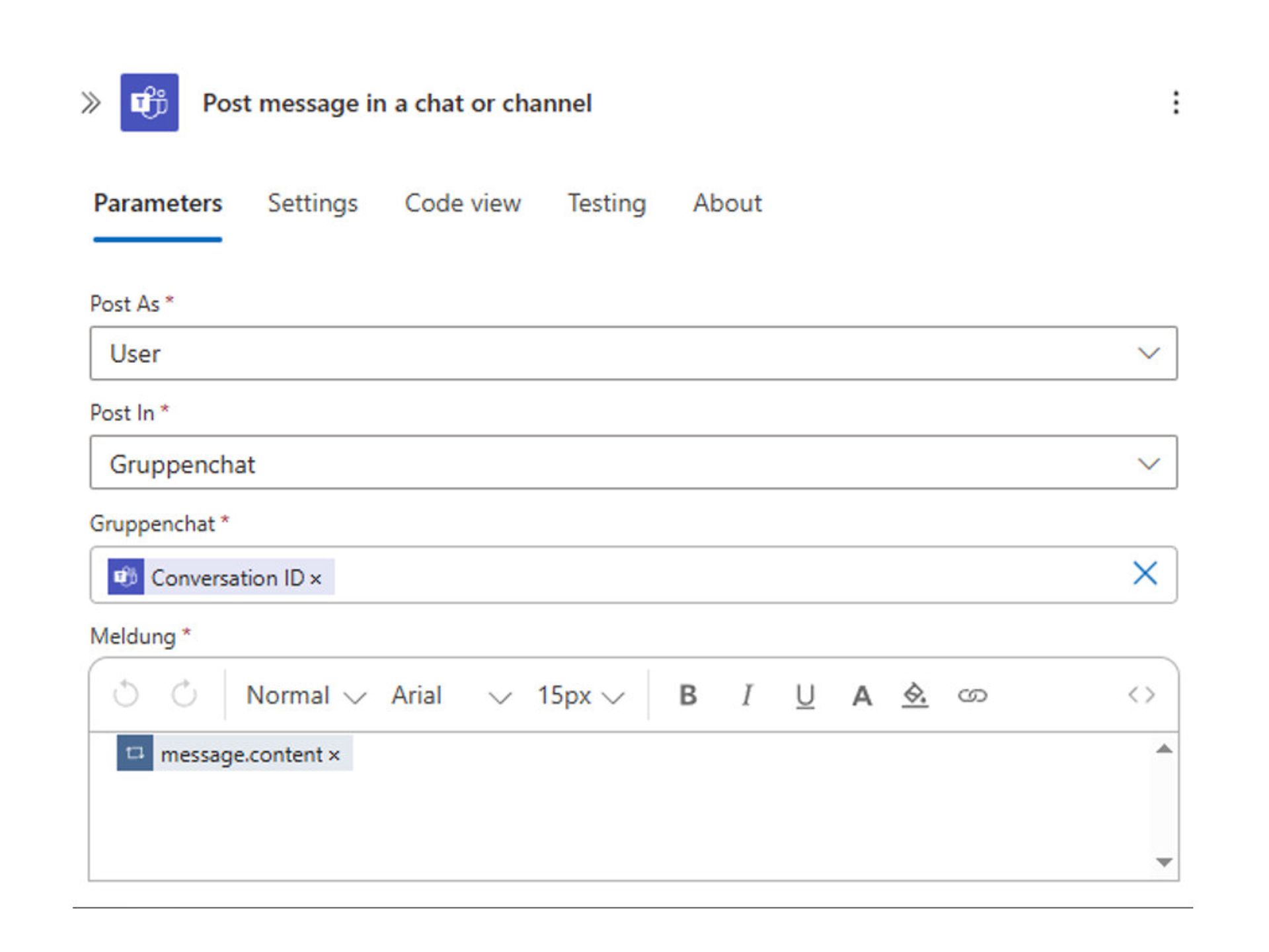 Screenshot of the menu for posting a message in Azure