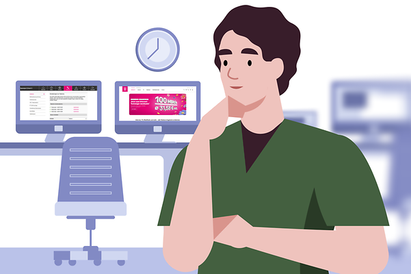 Eine Person vor zwei Arbeitsplätzen, wobei einer verschwommen dargestellt ist. Auf dem anderen sieht man Telekomanwendungen.