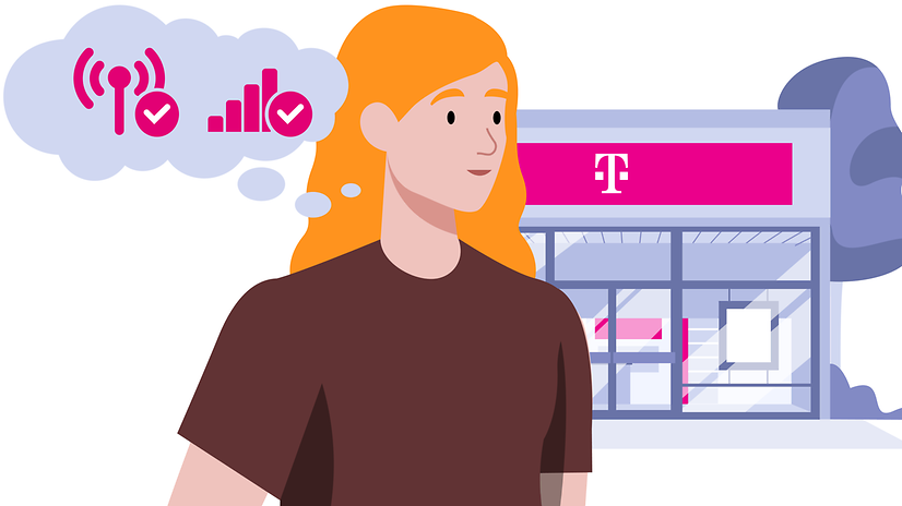 A woman is standing in front of a T-Punkt shop, considering the benefits of Telekom’s mobile network.