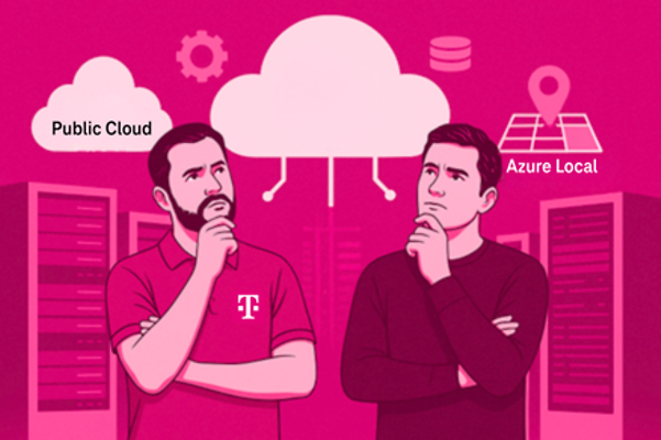 KI generierte Grafik mit 2 nachdenklichen Personen und unterschiedlichen Cloud-Szenarien über ihren Köpfen