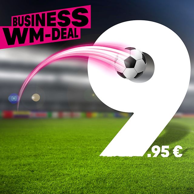 Schriftzug Business WM-Deal für Internet- und Festnetztarife nur 9,95 Euro vor Fußballrasen im Stadion