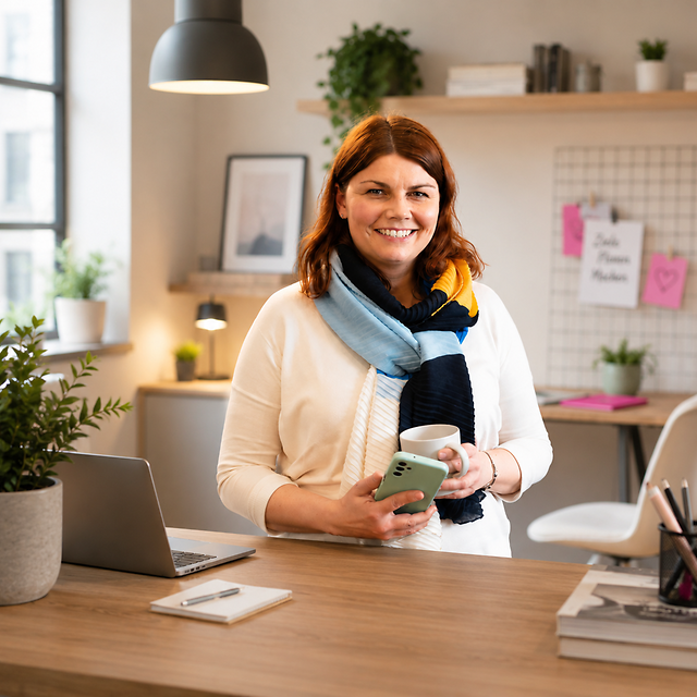 The founder stands smiling in her start-up’s office.