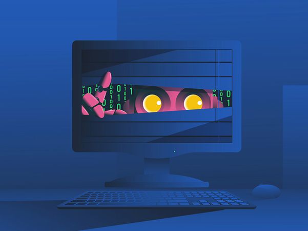 Pinker Roboter mit gelben Augen lugt durch Jalousien aus einem Monitor, umgeben von grünem Binärcode – KI-Agenten-Symbolik.