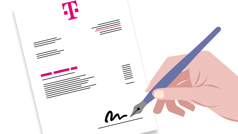 Eine Hand hält einen Stift über einem Vertragsdokument der Telekom