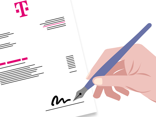 Eine Hand hält einen Stift über einem Vertragsdokument der Telekom