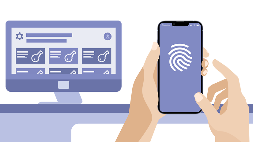 Monitor mit einer Loginübersicht und ein Smartphone, an dem sich jemand per Fingerabdruck anmelden will