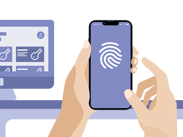 Monitor mit einer Loginübersicht und ein Smartphone, an dem sich jemand per Fingerabdruck anmelden will