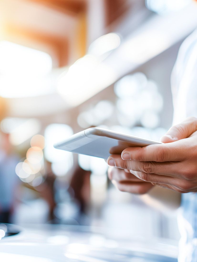 Mann ruft unterwegs seine Mails mit dem Tablet ab