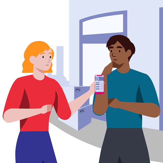 Eine Person zeigt einer anderen Person eine Checkliste zum Umzug auf dem Handy vor einem Gebäude mit Umzugskartons