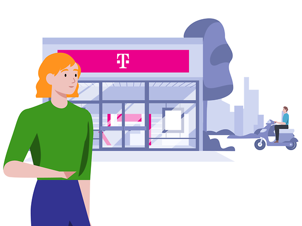 Frau mit Blick zum Telekom Shop um zur Telekom zu wechseln und ein Mann auf dem Roller durch die Stadt
