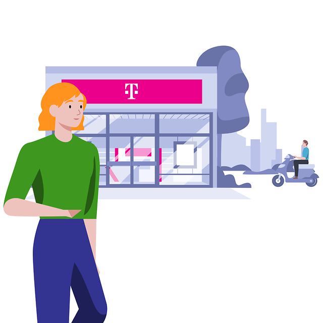 Frau mit Blick zum Telekom Shop um zur Telekom zu wechseln und ein Mann auf dem Roller durch die Stadt
