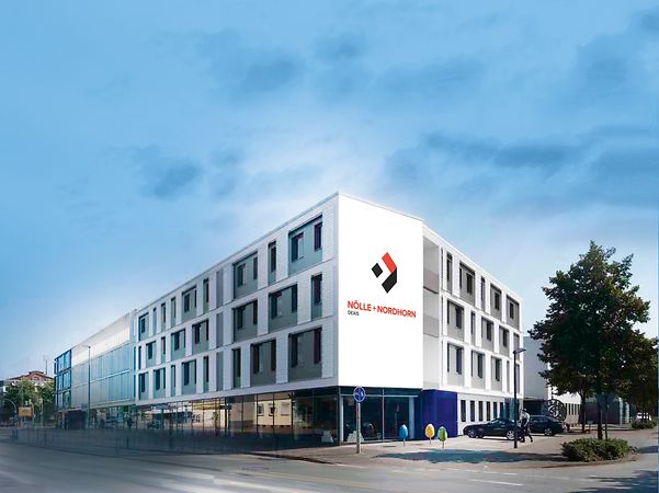 Aussenansicht des weiss grauen Firmengebaudes von Noelle + Nordhorn