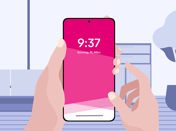 Zwei Hände halten ein Mobiltelefon, dessen Display zu sehen ist.