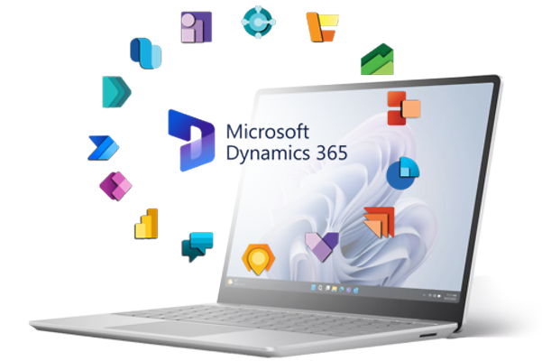 Schaubild mit technischen Icons, die Bezug zu Microsoft Dynamics 365 haben