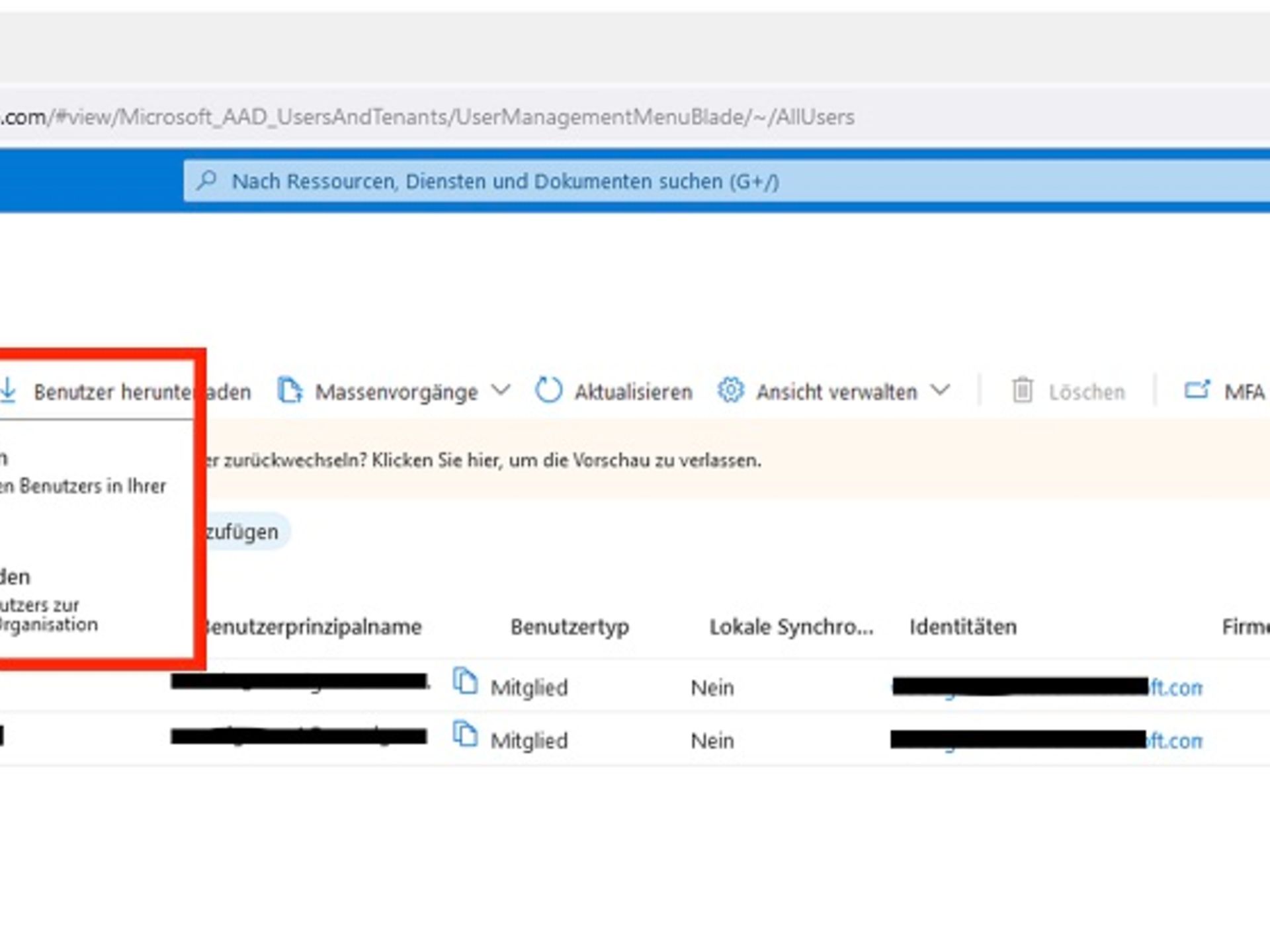 Ansicht "Neuen Benutzer erstellen" in Azure