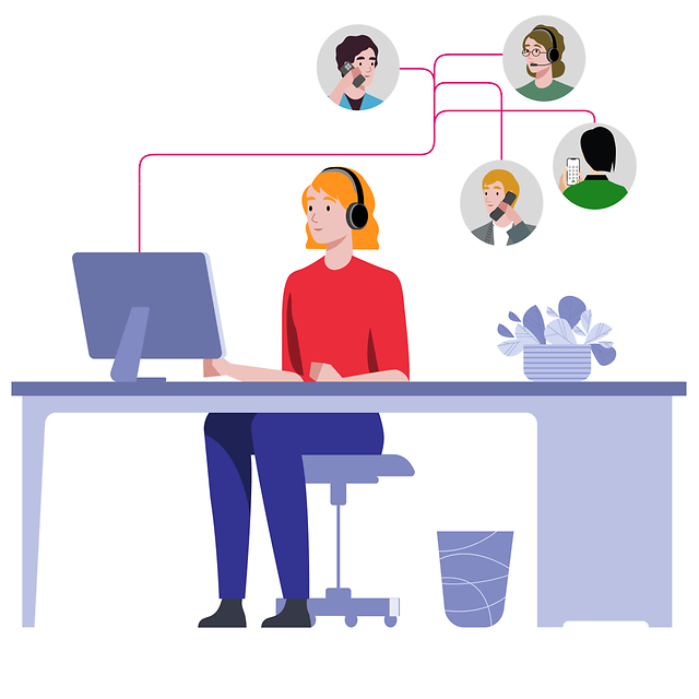 Eine Frau sitzt am Arbeitsplatz und telefoniert mit anderen Personen