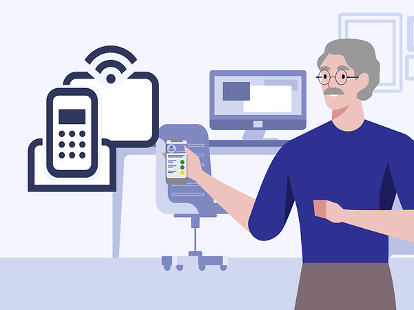 Ein Mann im Büro prüft auf seinem Handy den Status seiner Internet-& Festnetz-Bestellung bei der Telekom