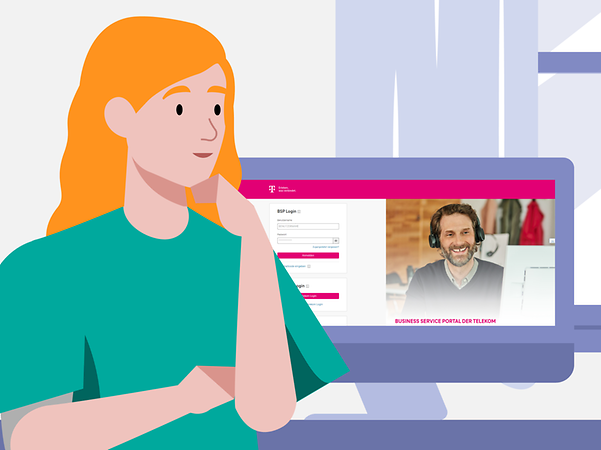 Frau sitzt vor einem Monitor und will sich im Magenta Business Service Portal (MBSP) anmelden