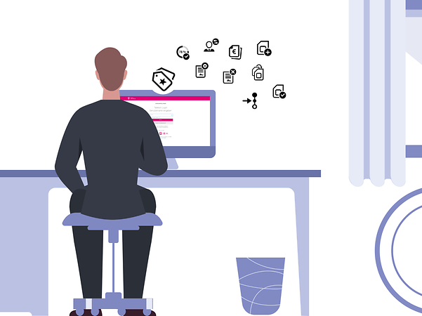 Sitzender Mann am Schreibtisch mit Monitor und viele Icons