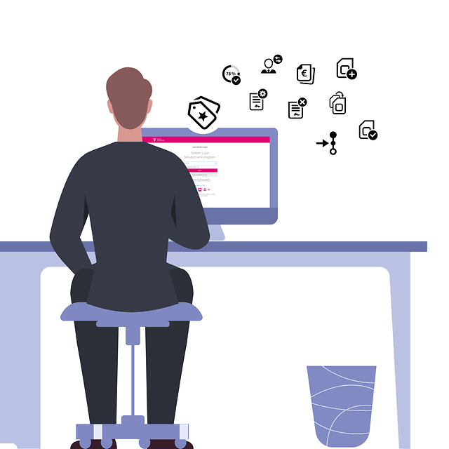 Sitzender Mann am Schreibtisch mit Monitor und viele Icons
