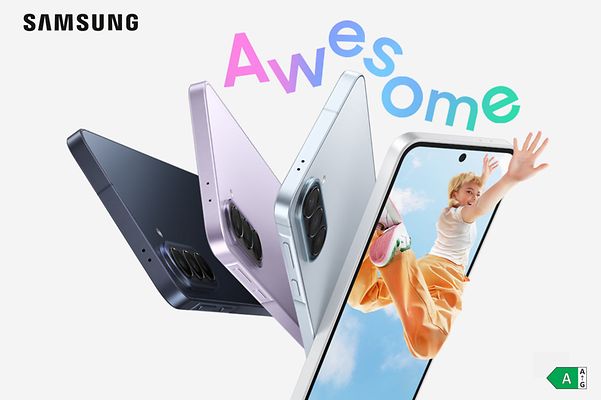 Produktabbildung Samsung A 56 auf blauem Hintergrund, daneben der Schriftzug Awesome Intelligence